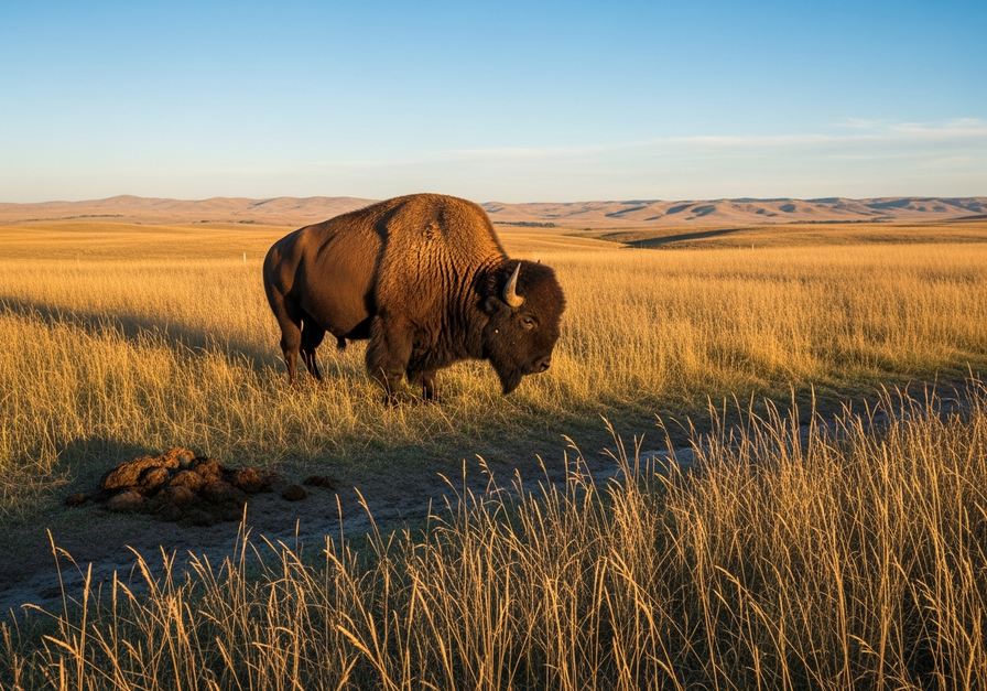 A bison grazing in a prairie, with compacted soil and dung visible, illustrating nutrient cycling.