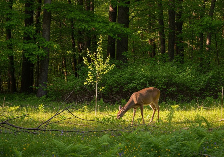A white-tailed deer selectively feeding on a young sapling in a forest clearing.