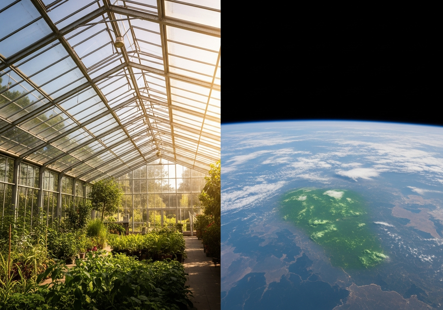 Split image showing a glass greenhouse on the left and Earth's atmosphere from space on the right, illustrating the natural greenhouse effect.