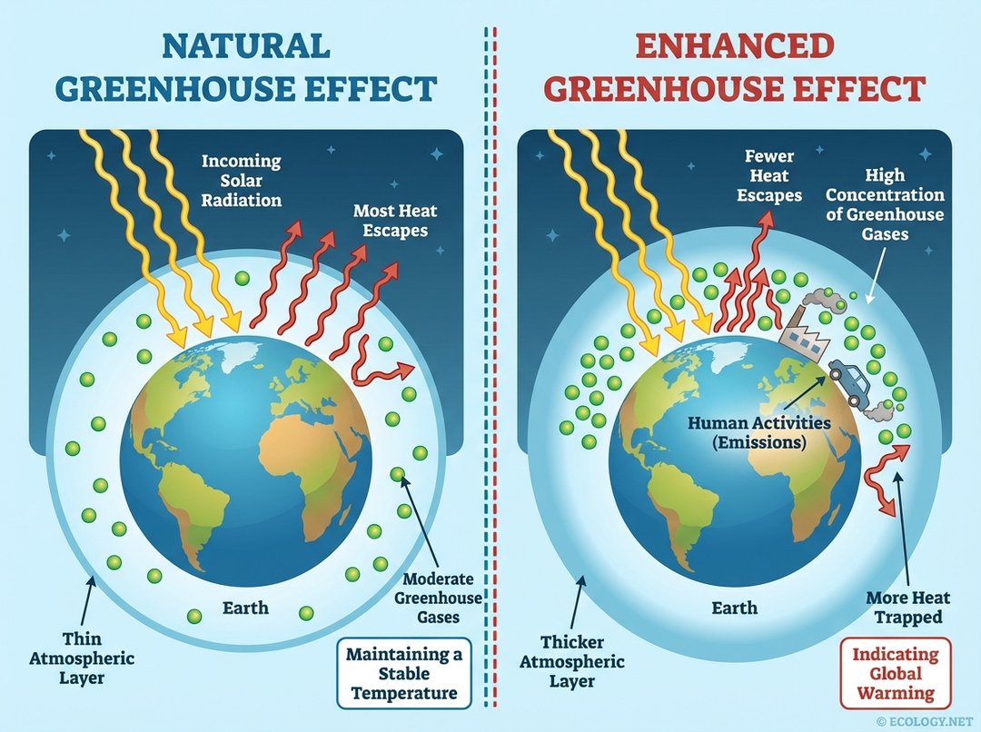 Comparison diagram showing the natural greenhouse effect with moderate heat escape versus the enhanced greenhouse effect with increased heat trapping due to human activities.