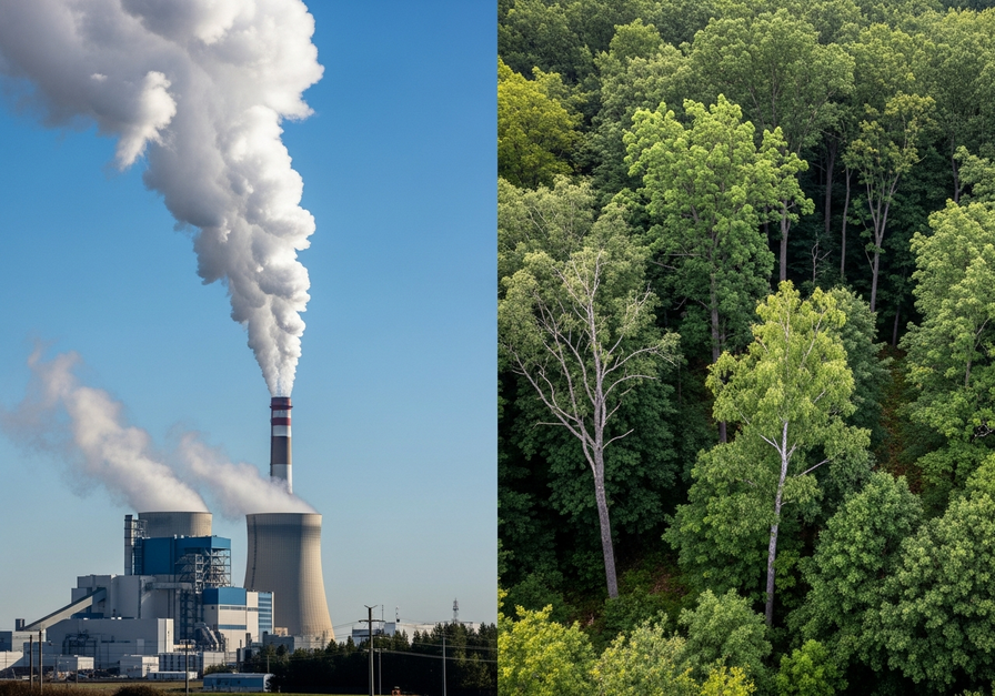 Split image contrasting a coal power plant emitting smoke with a dense forest absorbing carbon, highlighting human emissions versus natural carbon sinks.
