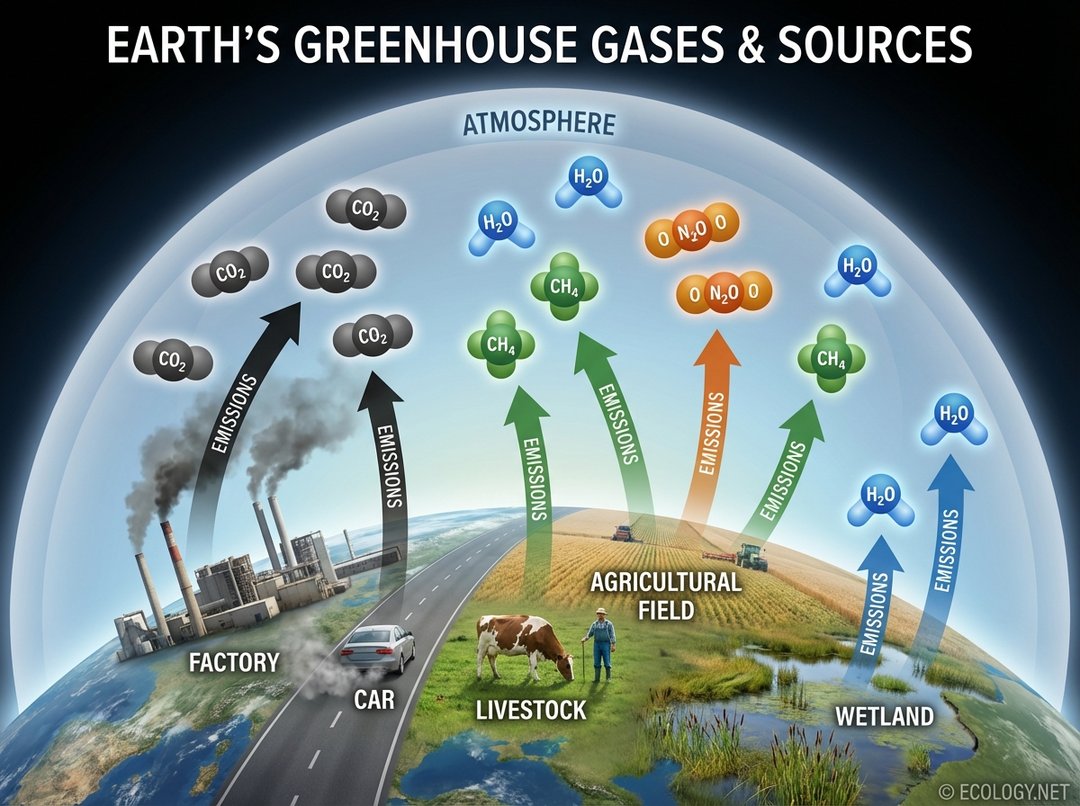 Illustrative diagram identifying key greenhouse gases (CO2, CH4, N2O, H2O) and their primary sources from human activities and natural processes.