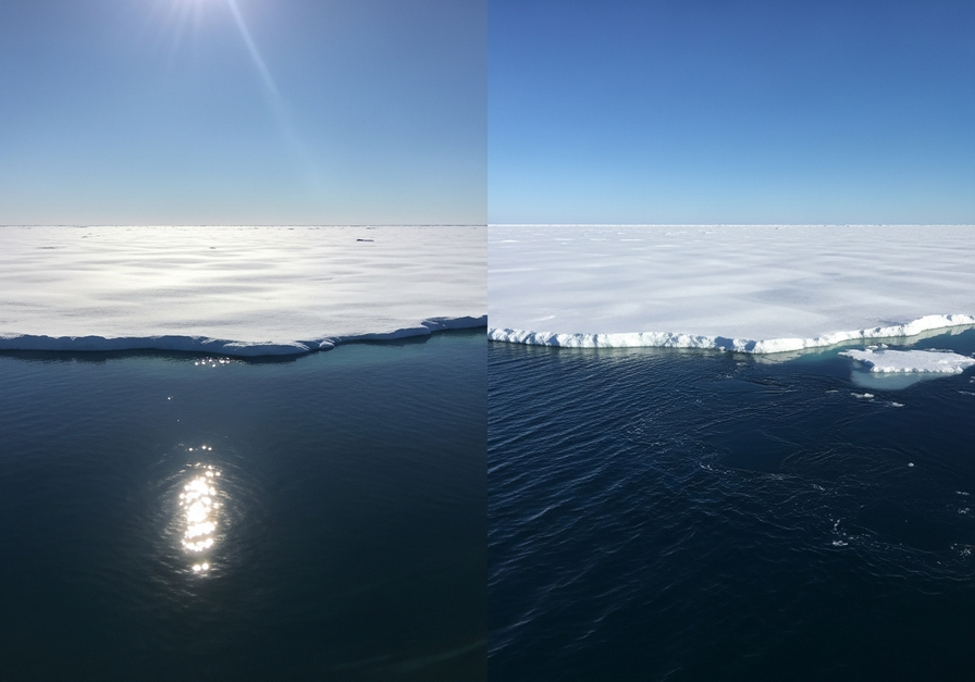Split image showing a pristine Arctic ice field reflecting sunlight on the left, and the same area with dark ocean water after melting on the right, demonstrating ice-albedo feedback.