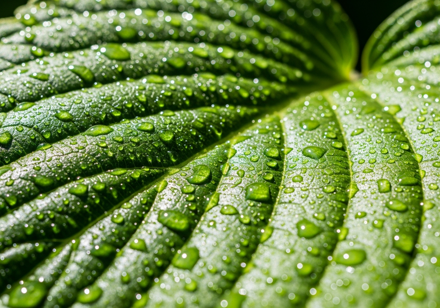 A close-up of a green leaf with dew droplets, illustrating photosynthesis and gross primary productivity.