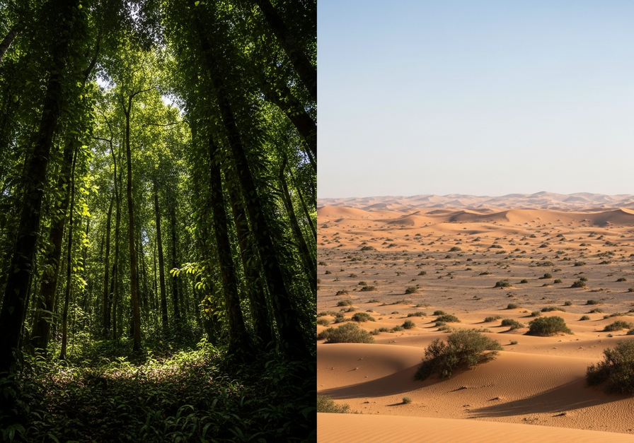 Split image showing a lush rainforest and an arid desert, highlighting differences in gross primary productivity.