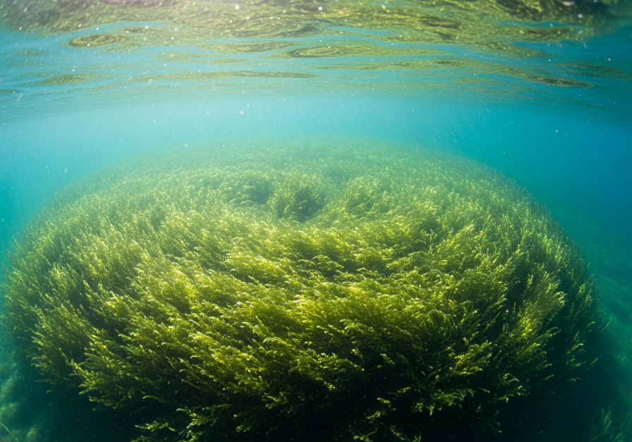 A greenish phytoplankton bloom in coastal waters, demonstrating aquatic gross primary productivity.