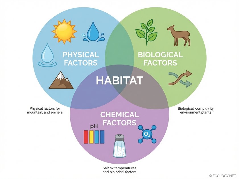 Diagram illustrating a habitat as the intersection of physical, biological, and chemical factors.