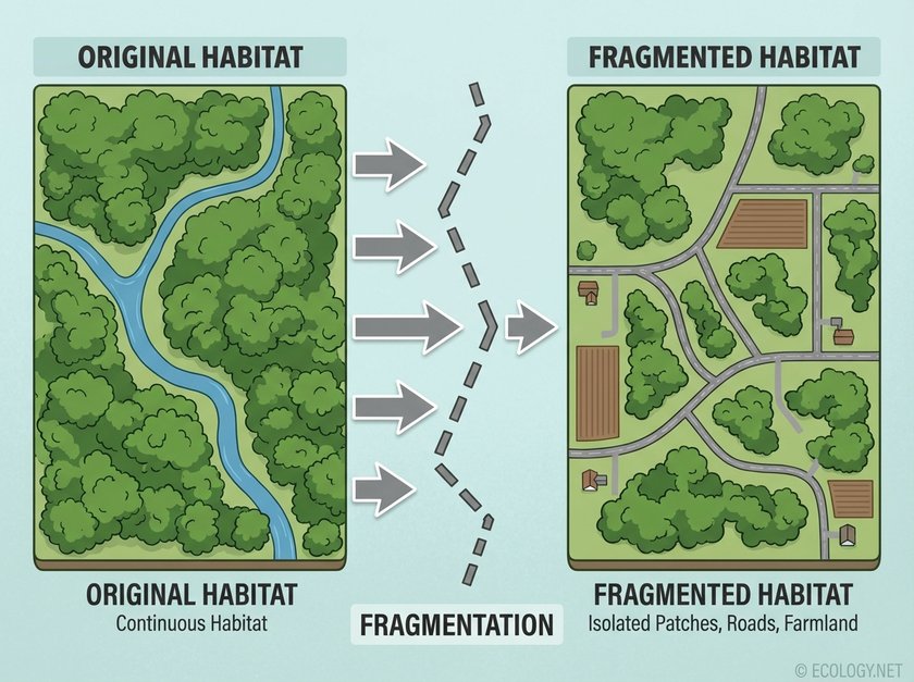 Diagram showing a continuous forest transforming into fragmented patches separated by roads and farmland.
