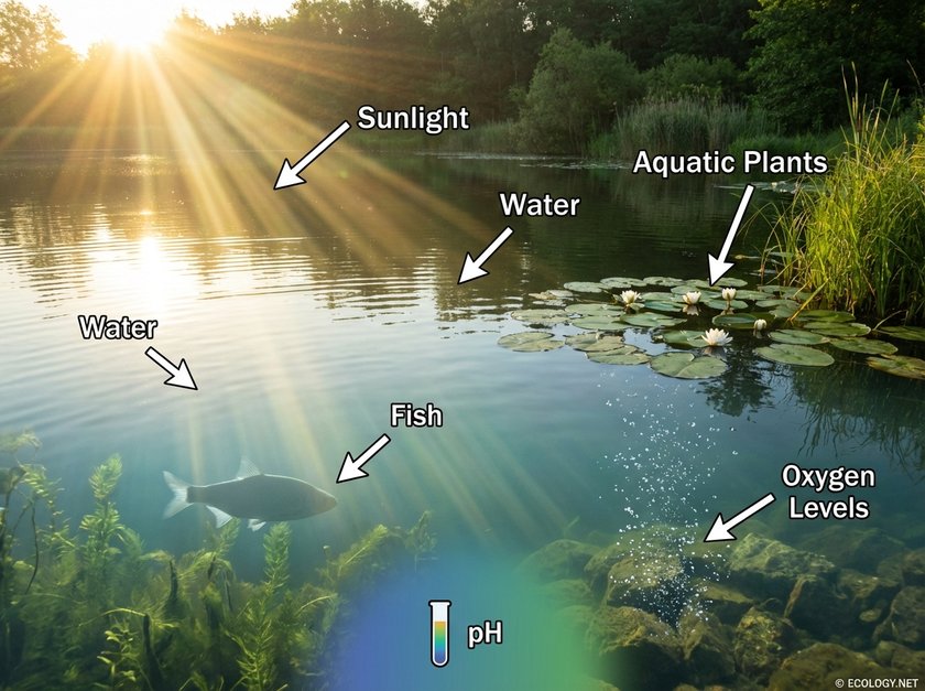 Photo-realistic image of a pond habitat with labels pointing to sunlight, water, fish, aquatic plants, oxygen levels, and pH.