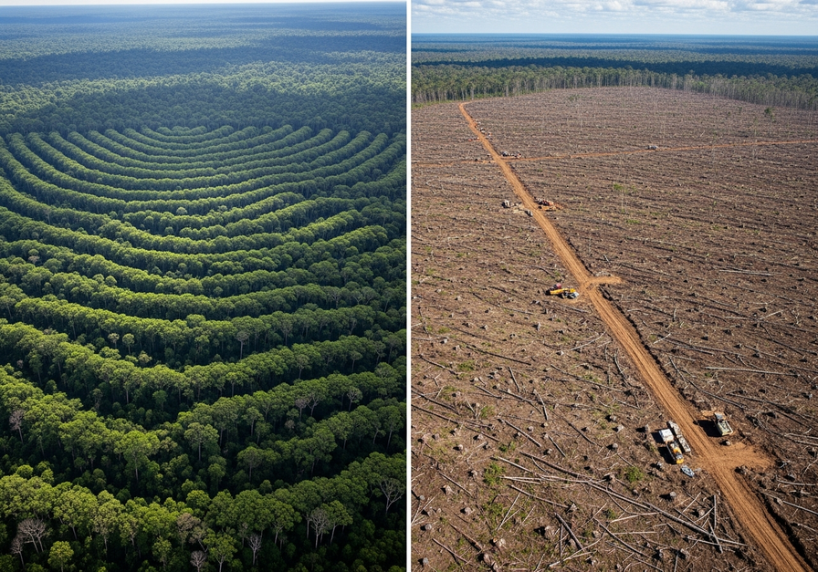 Split-screen aerial view showing a dense Amazon rainforest canopy on the left and a clear-cut deforested area on the right.