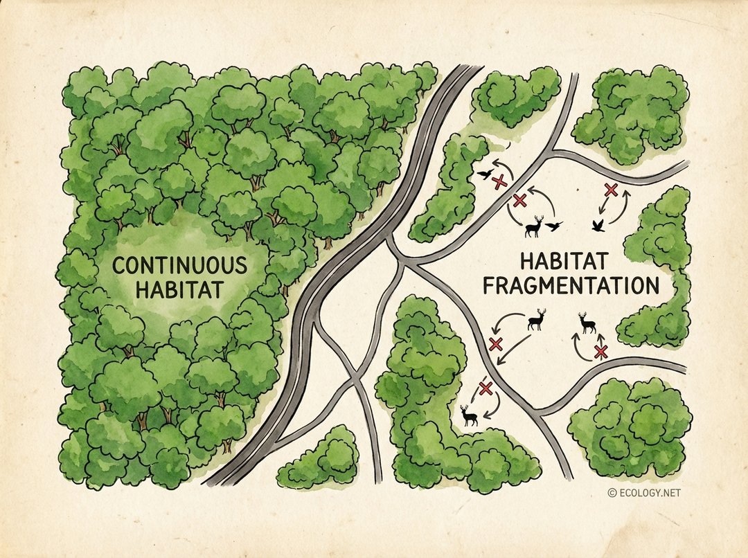 Illustrative diagram showing a large, continuous green forest being fragmented by a wide grey highway and smaller roads, breaking it into isolated patches.