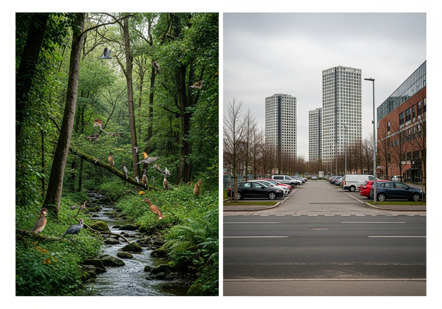 Split-screen ground-level view showing a lush forest patch on the left and urban development with a road and buildings on the right.