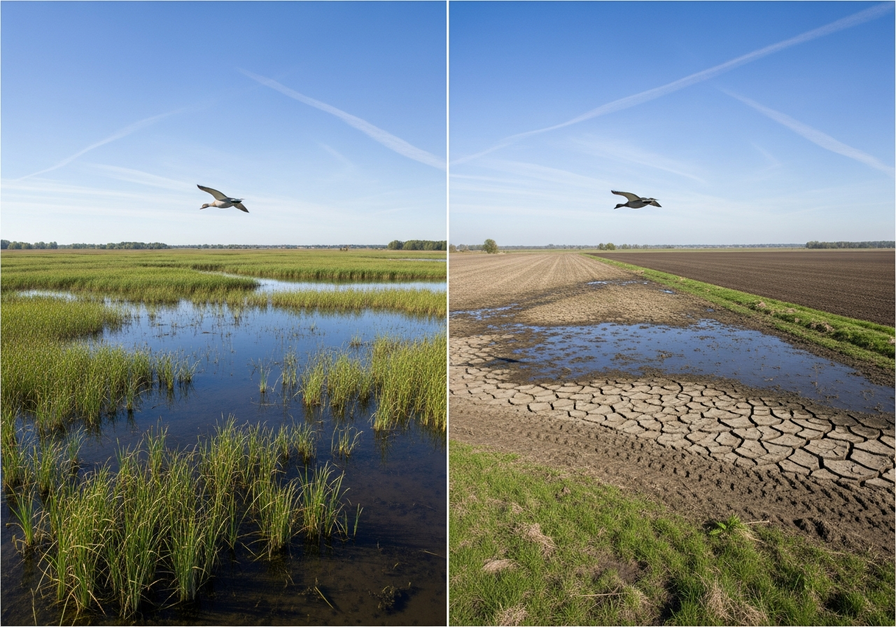Split-screen image showing a vibrant wetland on the left and a dry, drained field on the right, illustrating agricultural expansion.
