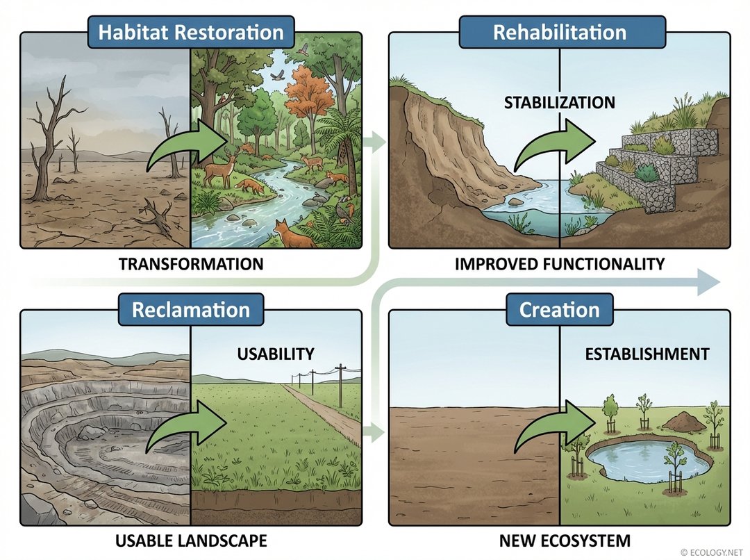 Illustrative diagram showing four types of ecological recovery: Habitat Restoration, Rehabilitation, Reclamation, and Creation.