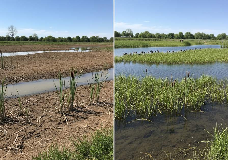 A split-screen image showing a degraded wetland on the left and a lush, restored wetland on the right, demonstrating successful habitat transformation.