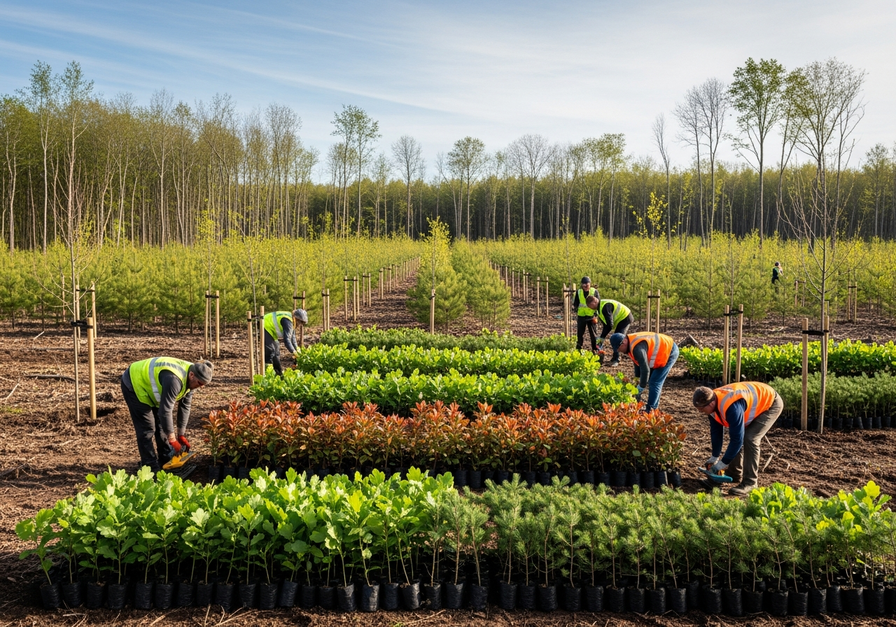 A reforestation crew carefully planting native saplings in a systematic pattern, illustrating the meticulous work involved in forest restoration.