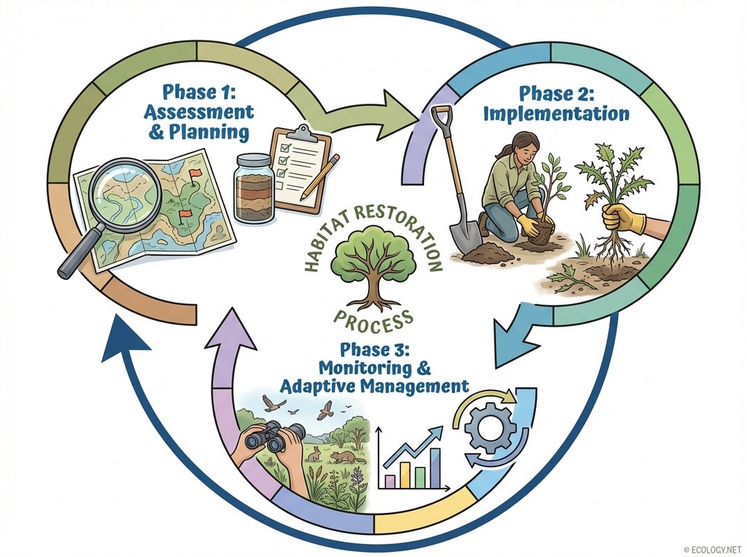 Diagram illustrating the three phases of habitat restoration: Assessment & Planning, Implementation, and Monitoring & Adaptive Management.