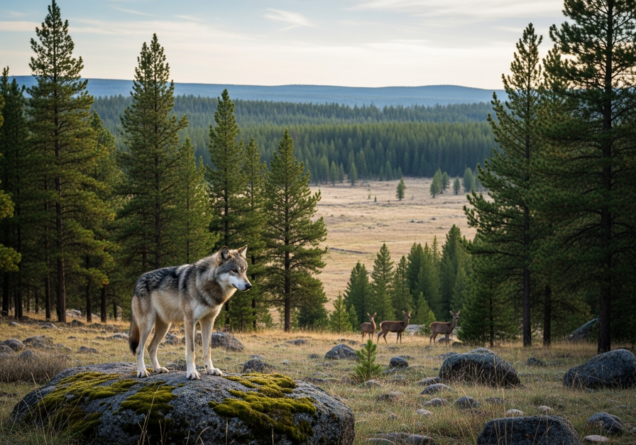 A gray wolf standing on a mossy rock in Yellowstone, symbolizing the success of rewilding efforts and the return of apex predators to ecosystems.
