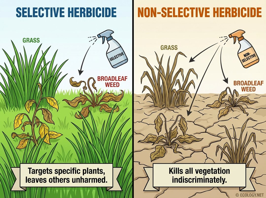 Diagram comparing selective herbicide killing broadleaf weeds in grass, and non-selective herbicide killing all plants.