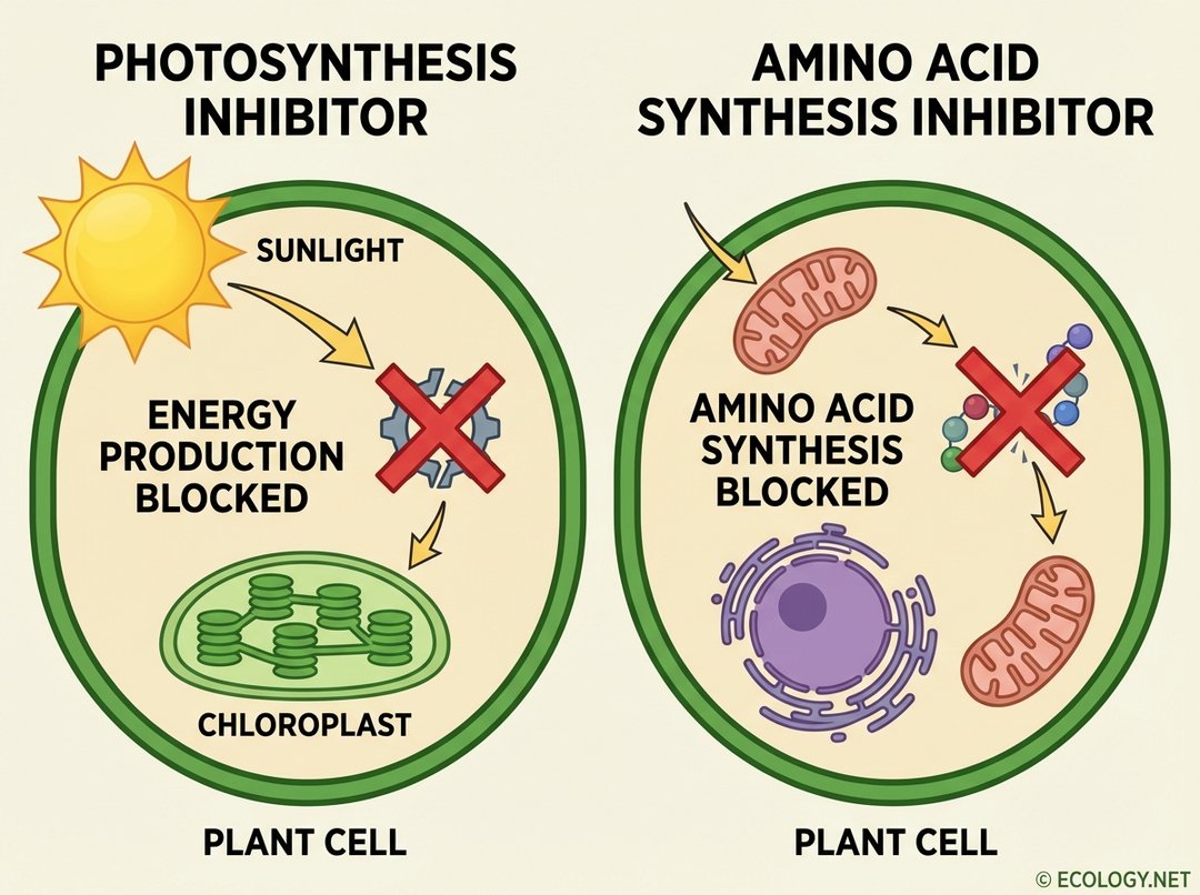 Diagram illustrating how herbicides inhibit photosynthesis and amino acid synthesis in a plant cell.