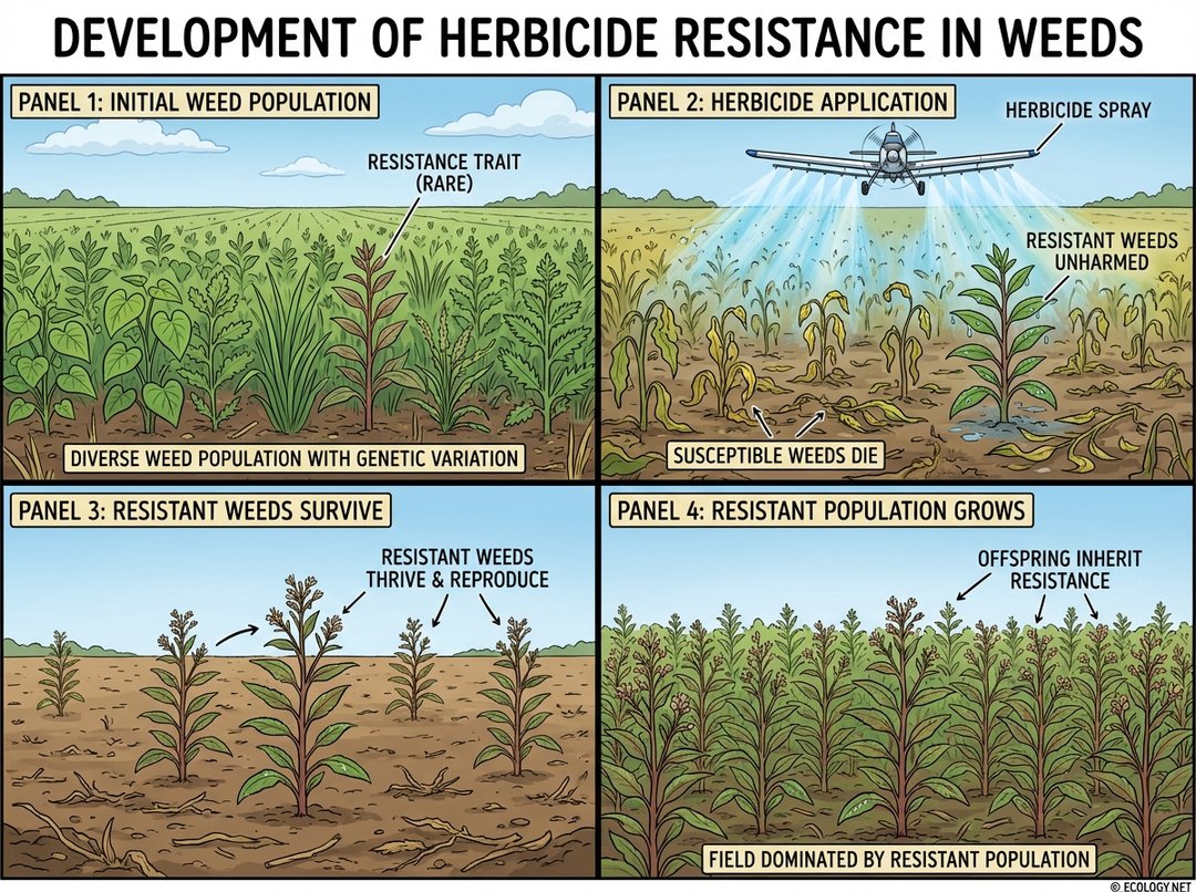 Four-panel diagram showing the development of herbicide resistance in weeds over time.