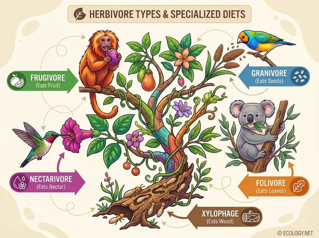 Diagram showing diverse herbivore diets: a monkey eating fruit (frugivore), a bird eating seeds (granivore), a hummingbird drinking nectar (nectarivore), a koala eating leaves (folivore), and termites eating wood (xylophage).