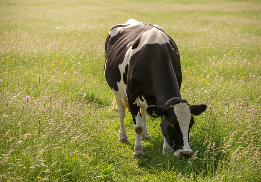 A Holstein cow grazing in a lush, sunlit meadow, illustrating a typical herbivore.