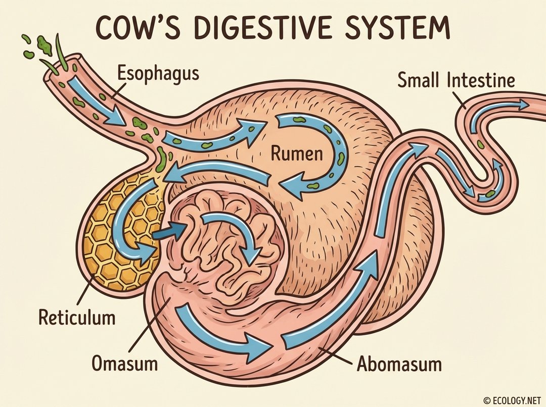 Simplified diagram of a ruminant's multi-chambered stomach, labeling the esophagus, rumen, reticulum, omasum, abomasum, and small intestine with food flow arrows.