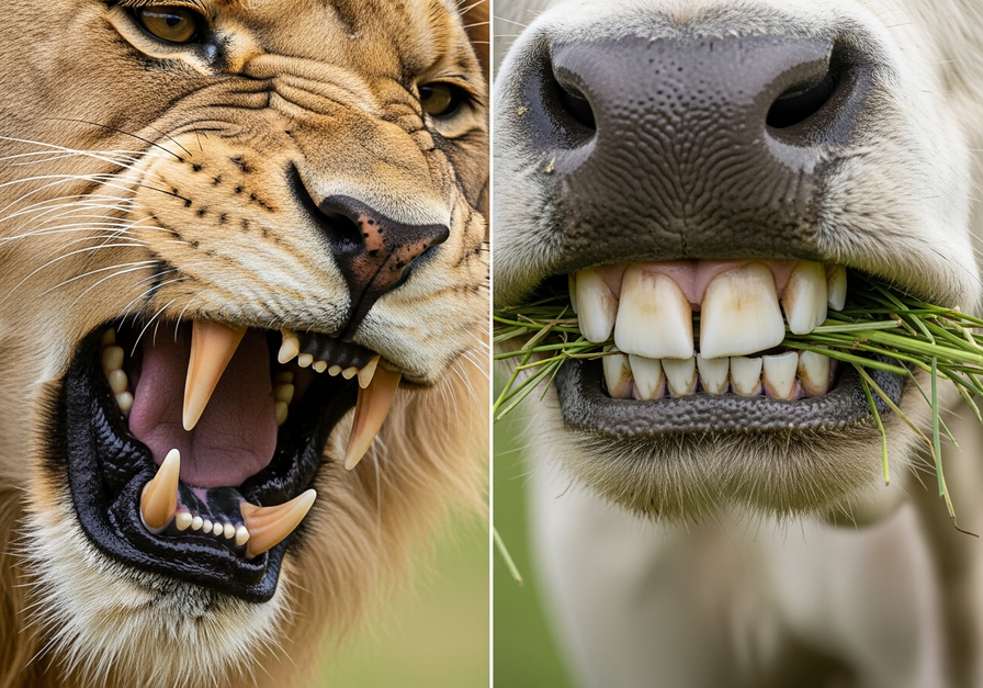 Split image showing a lion's sharp canine teeth contrasted with a cow's flat molars, highlighting dental adaptations.