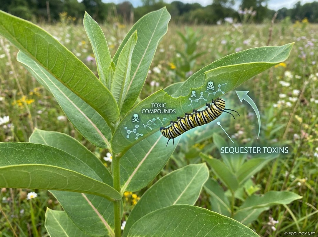 Photo-realistic image of a monarch caterpillar feeding on a milkweed plant, with diagrammatic elements illustrating the plant's toxic compounds and the caterpillar's adaptation to sequester them.