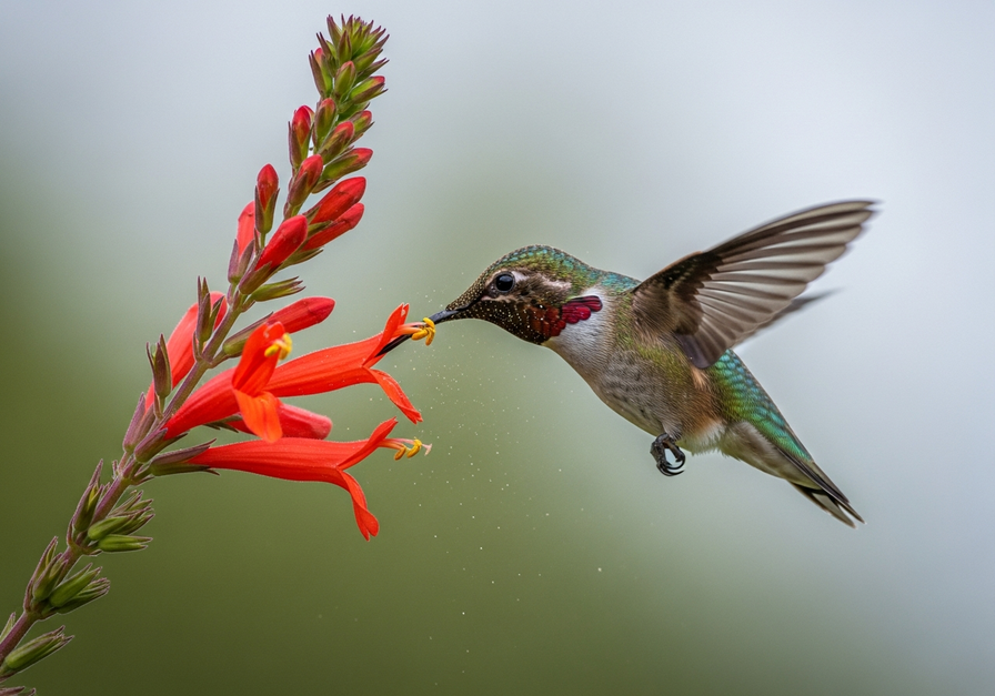 A hummingbird hovering to feed on a red flower, demonstrating nectarivore pollination.