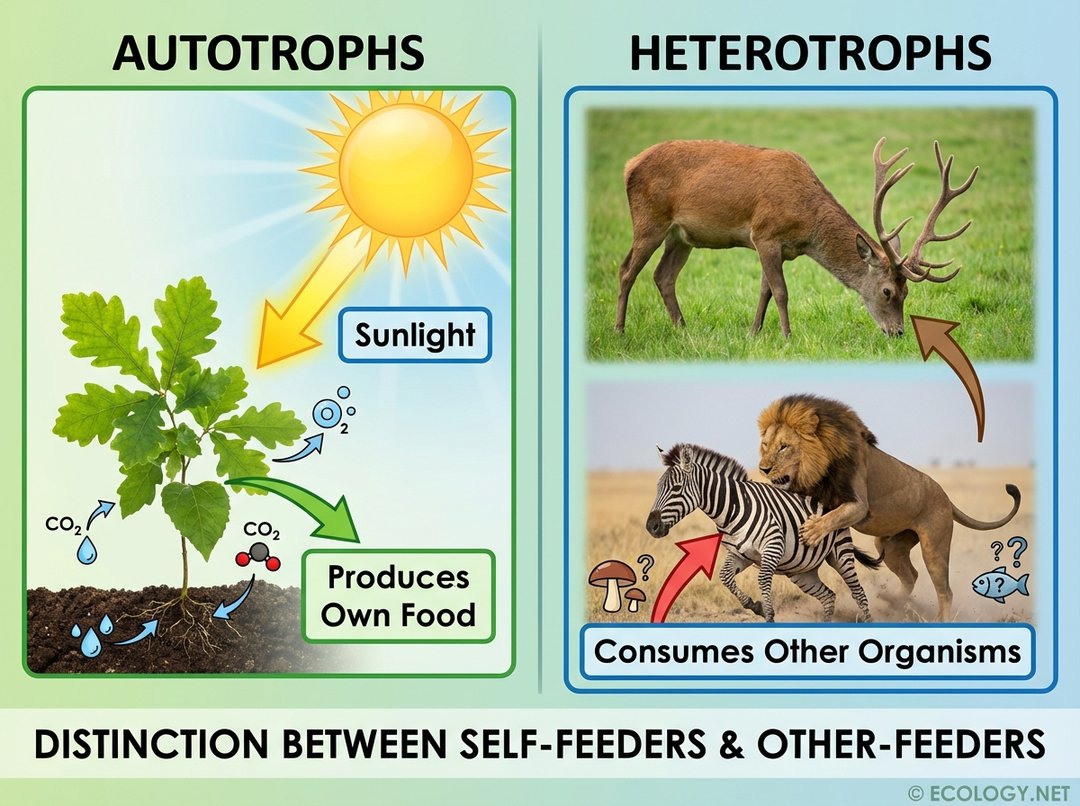 Diagram comparing autotrophs and heterotrophs: a plant producing its own food from sunlight versus animals consuming other organisms.
