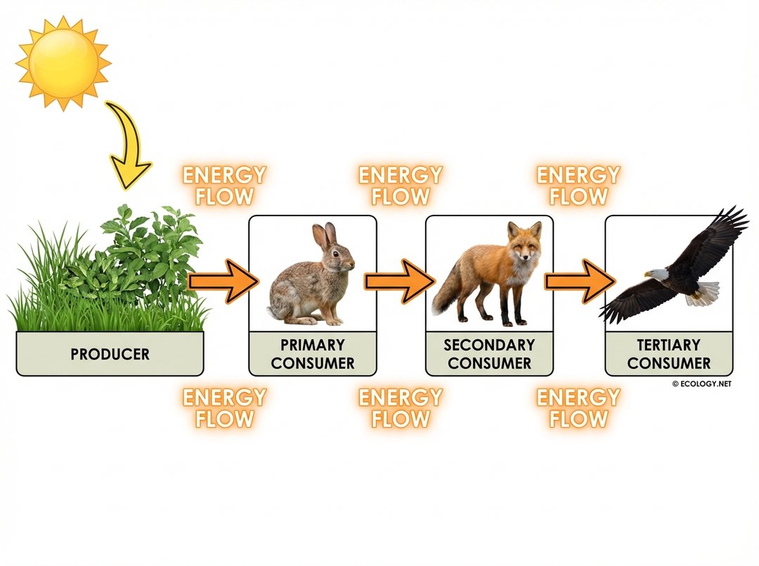 Simplified food web diagram showing energy flow: Producers (plants) to Primary Consumers (rabbit) to Secondary Consumers (fox) to Tertiary Consumers (eagle), with sunlight powering producers.