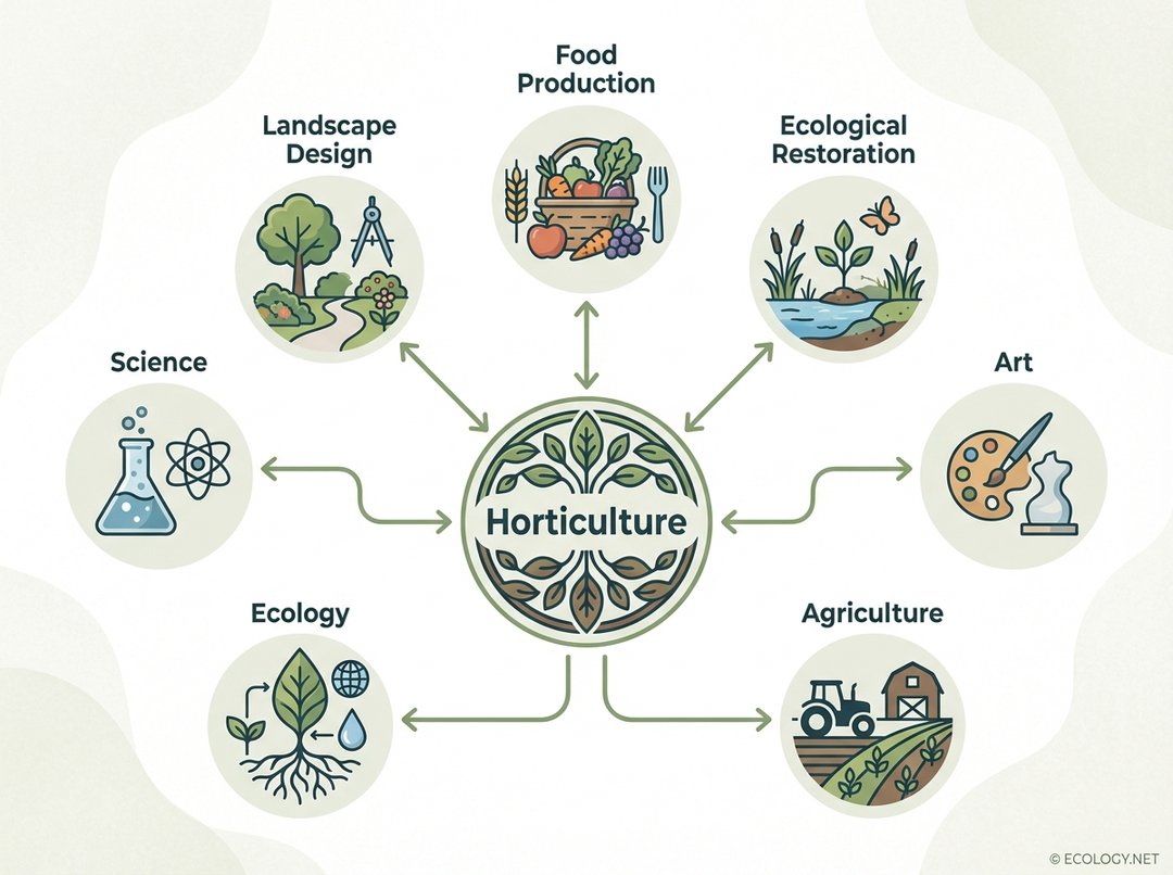 Diagram illustrating horticulture as a multifaceted discipline encompassing science, art, ecology, agriculture, food production, landscape design, and ecological restoration.