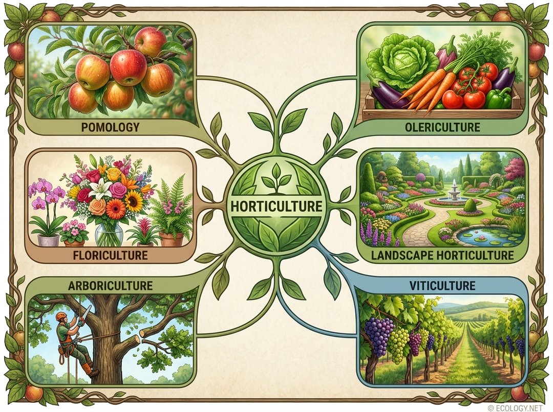 Diagram showing the specialized branches of horticulture, including pomology, olericulture, floriculture, landscape horticulture, arboriculture, and viticulture.