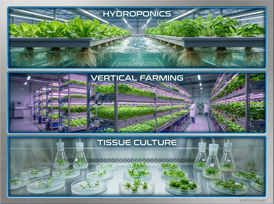 Multi-panel image showcasing modern horticultural innovations: hydroponics, vertical farming, and tissue culture.