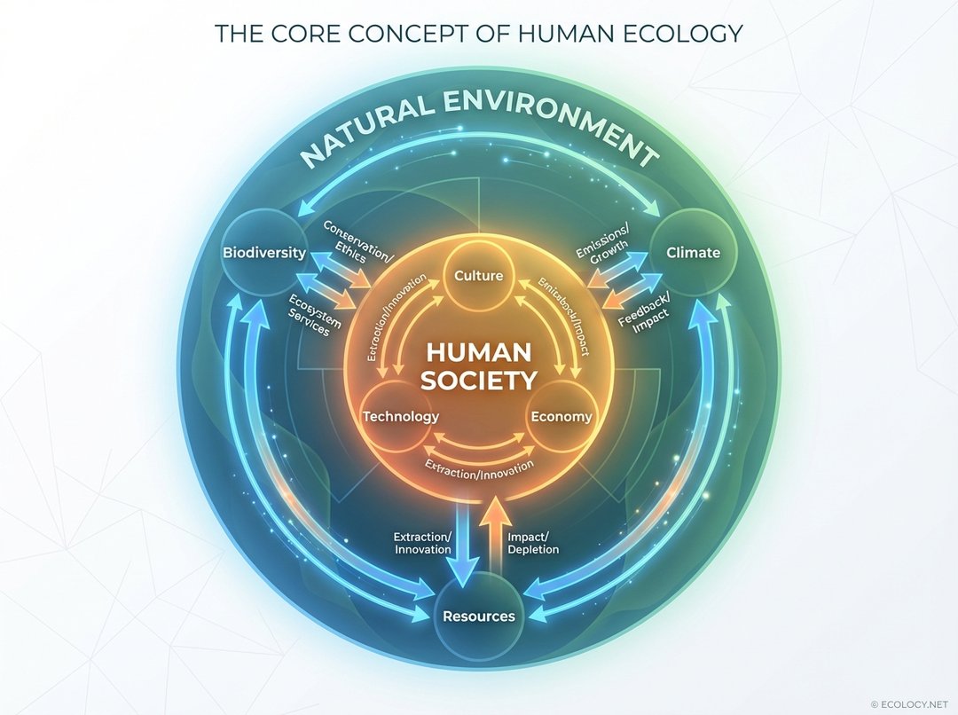 Diagram showing human society embedded in the natural environment with reciprocal influences.