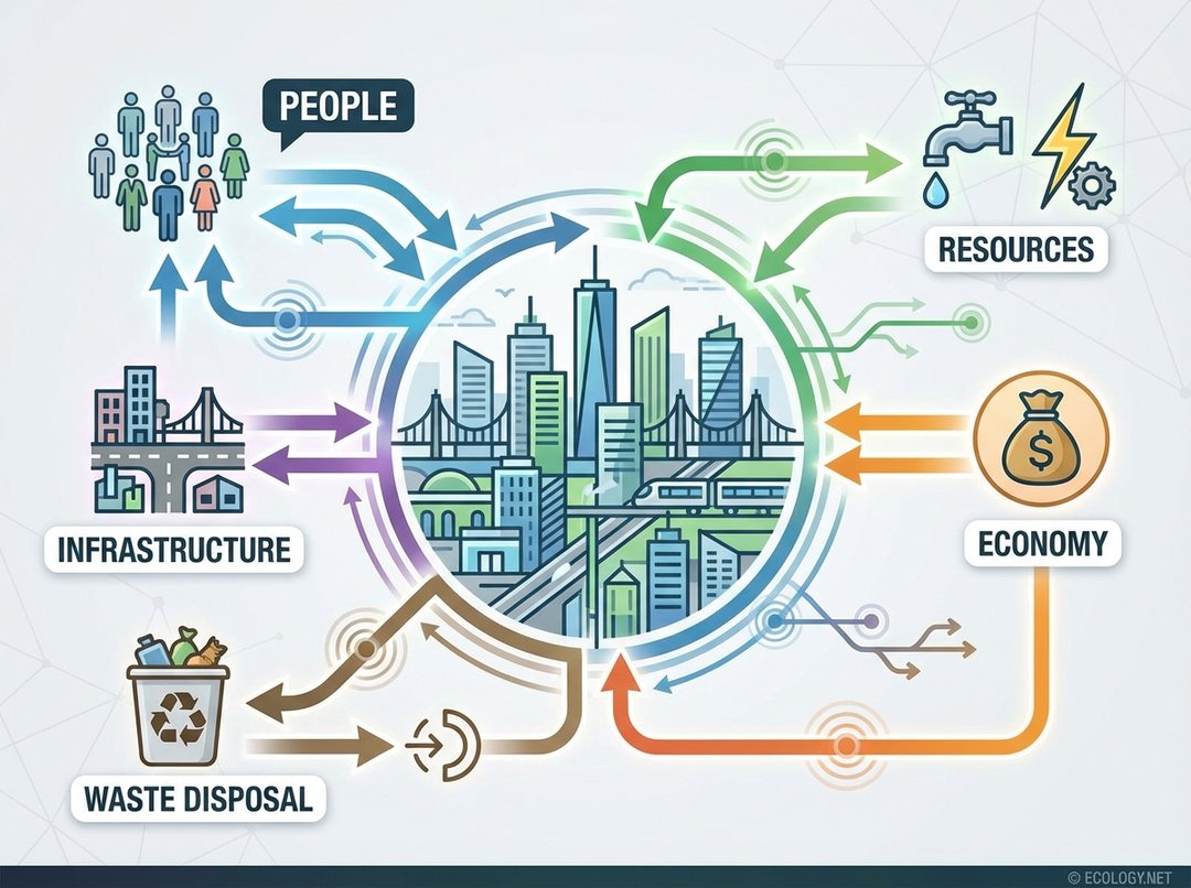 Diagram illustrating a city as an interconnected system of people, infrastructure, resources, economy, and waste disposal.