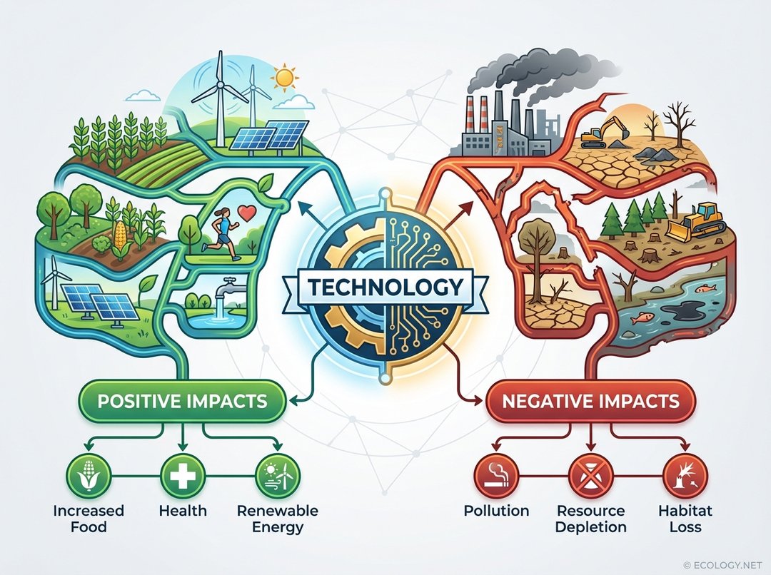 Diagram depicting technology's positive and negative impacts on human ecology.