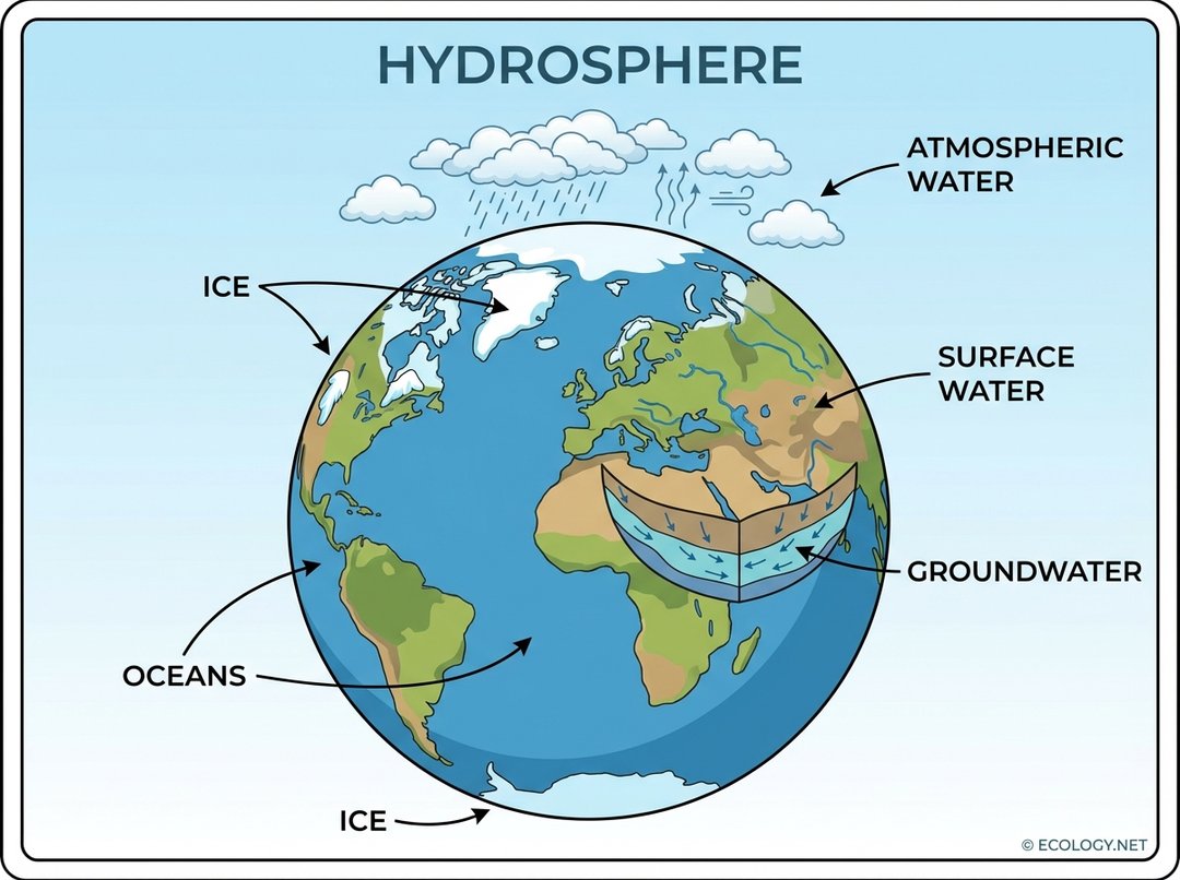 Diagram illustrating the five main components of Earth's hydrosphere: oceans, ice, groundwater, surface water, and atmospheric water.