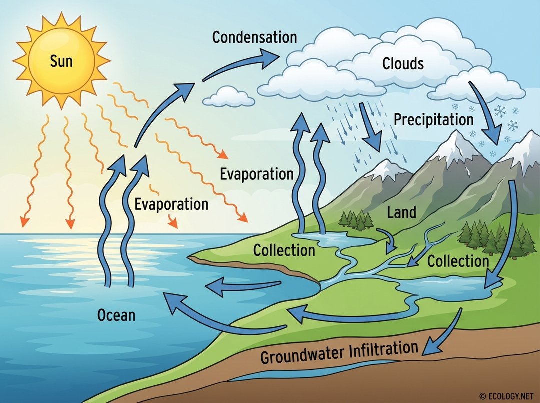 Diagram showing the continuous water cycle, including evaporation, condensation, precipitation, and collection.