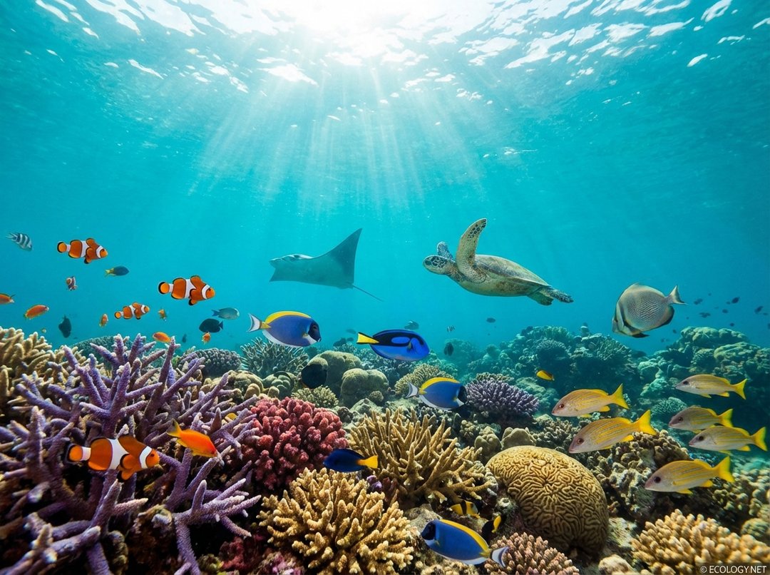 Vibrant photo of a healthy coral reef teeming with colorful fish and marine life, showcasing a thriving aquatic ecosystem.