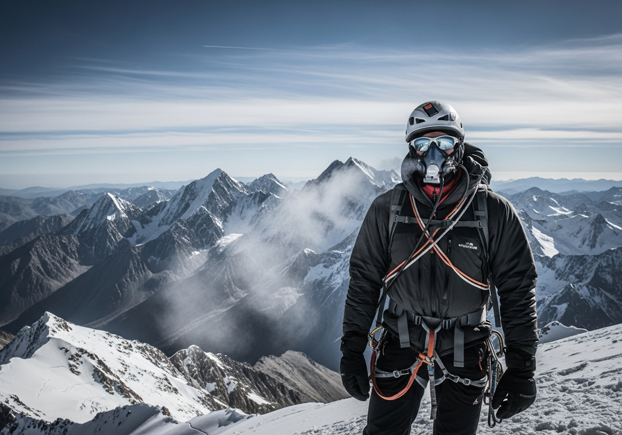 A climber wearing an oxygen mask on a snowy mountain summit, illustrating altitude hypoxia.