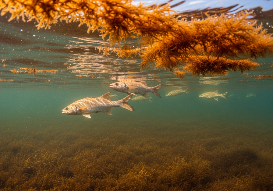 Murky water with a thick algal bloom and dead fish floating, depicting an oceanic dead zone.
