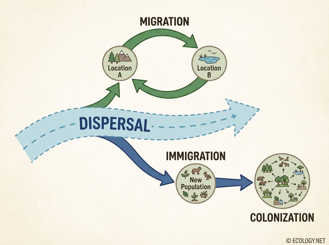 Diagram illustrating ecological movement concepts: dispersal, migration, immigration, and colonization.