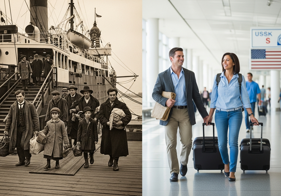 Split-screen image showing a 19th-century Irish immigrant family at Ellis Island and a modern family at a U.S. airport.