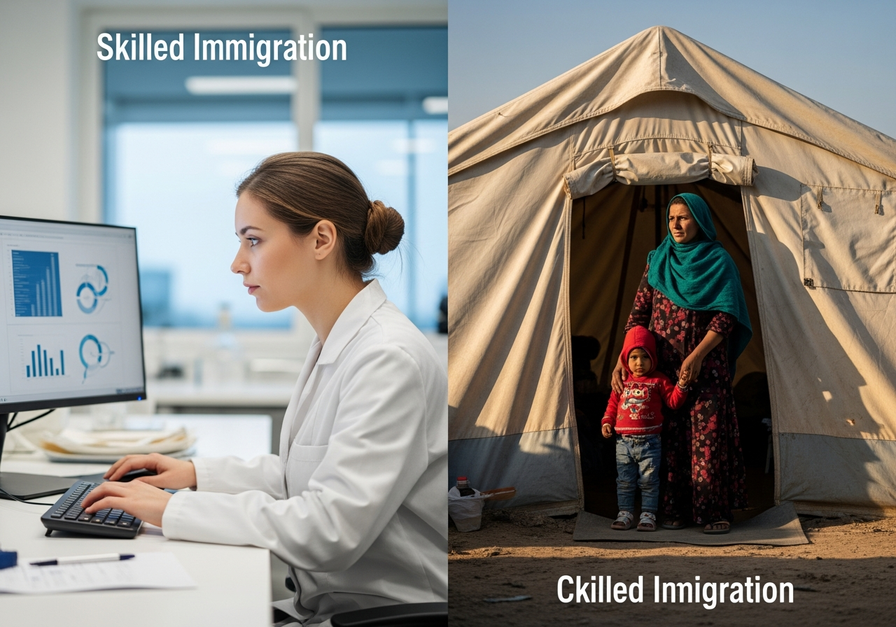 Split-screen image depicting a skilled immigrant in a lab and a refugee mother and child in a camp.