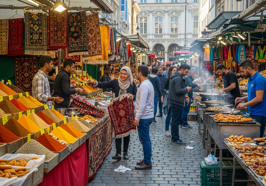 Wide-angle photo of a bustling multicultural street market with diverse vendors and customers.