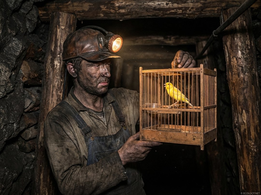 A historical coal miner holding a birdcage with a singing canary in a dark mine tunnel.