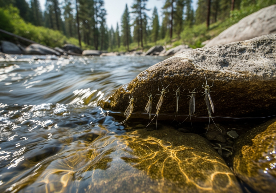 Mayfly nymphs clinging to a rock in a clear mountain stream, indicating pristine water quality.